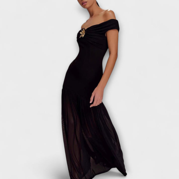 Maelie - Eleganten brezramenski bodycon maxi obleka s cvetličnimi okraski