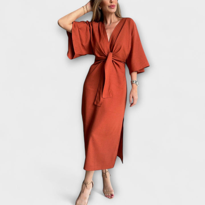 Holly - Ležerni obleka z V-izrezom, izdelana iz bombaža in lana s vezanjem