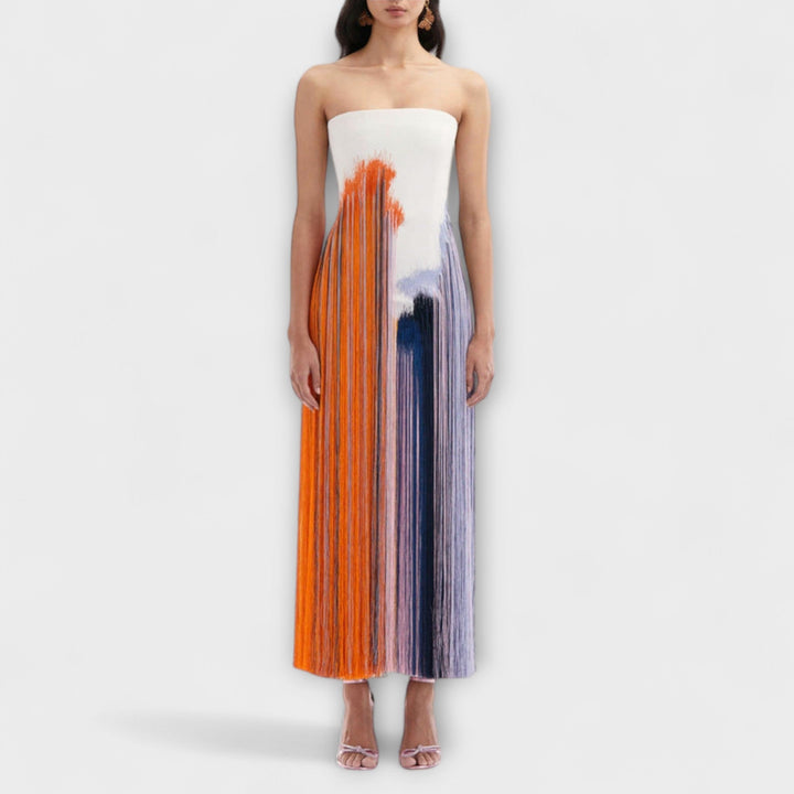 Poletje - Stilna obleka z barvnim blokiranjem in trendovskimi resicami