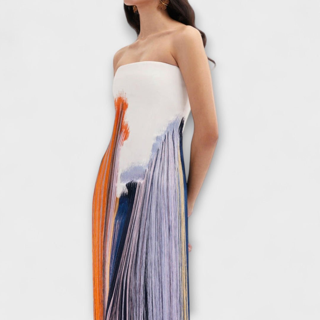 Poletje - Stilna obleka z barvnim blokiranjem in trendovskimi resicami