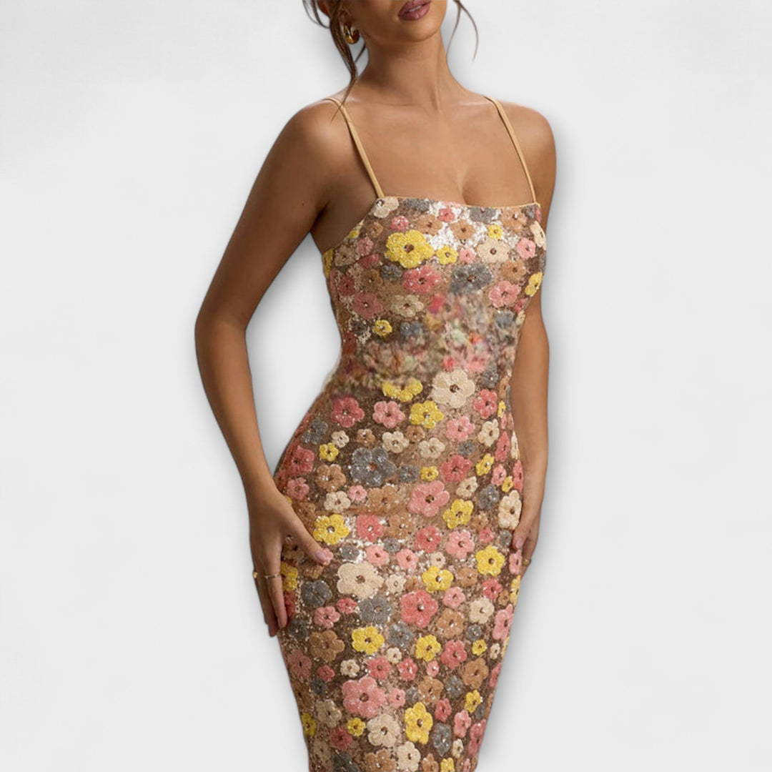 Oakley - Maxi Obleka s Cvetjem in Bleščicami v Slogu 80. Let