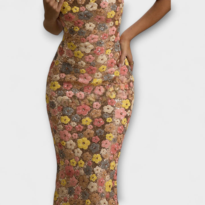 Oakley - Maxi Obleka s Cvetjem in Bleščicami v Slogu 80. Let