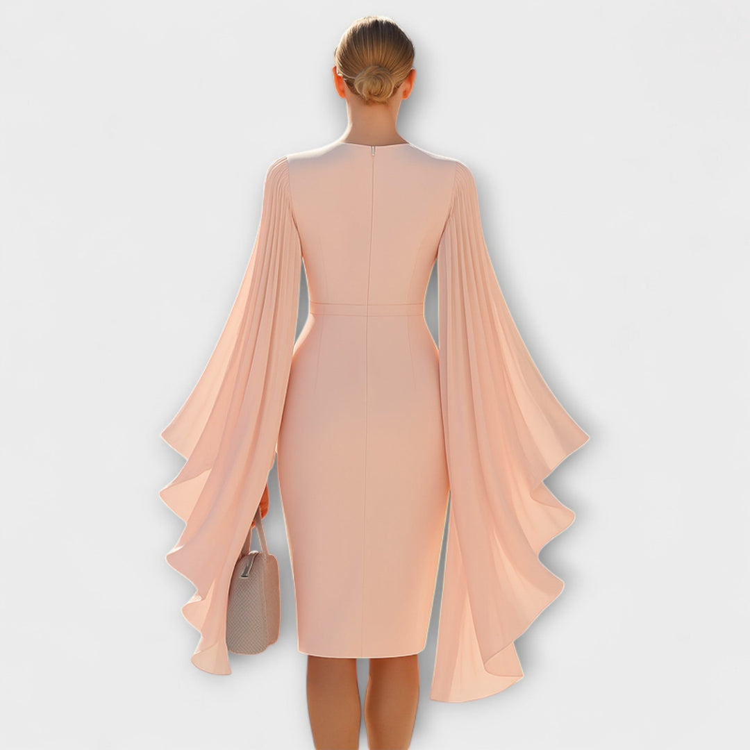 Rachel - Roza midi obleka z V-izrezom in šifonskimi rokavi