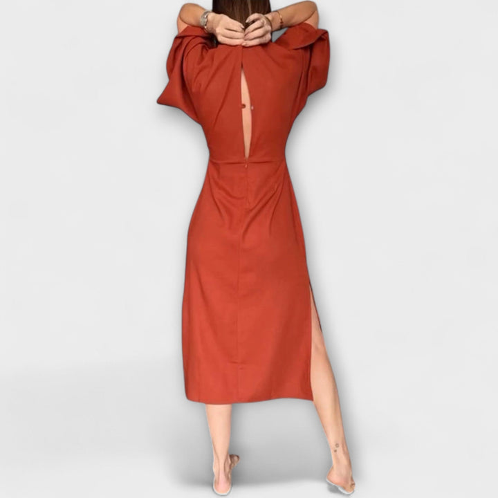 Holly - Ležerni obleka z V-izrezom, izdelana iz bombaža in lana s vezanjem