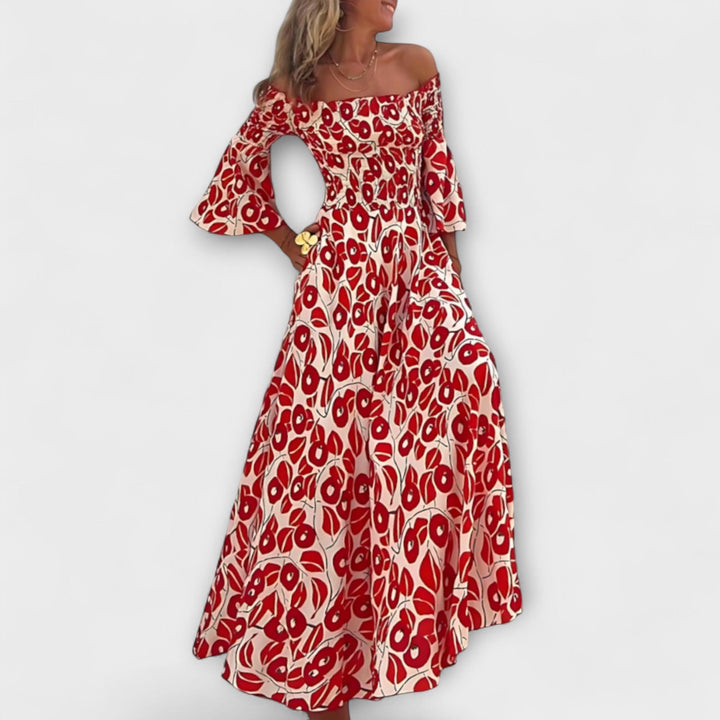 Bella - Obleka z odprtimi rameni in oceanskimi cvetlicami