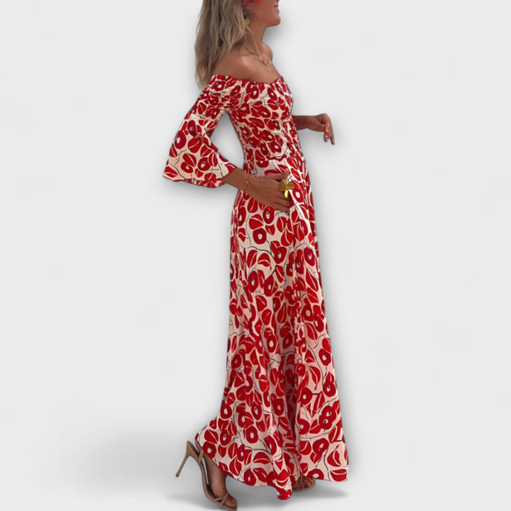 Bella - Obleka z odprtimi rameni in oceanskimi cvetlicami