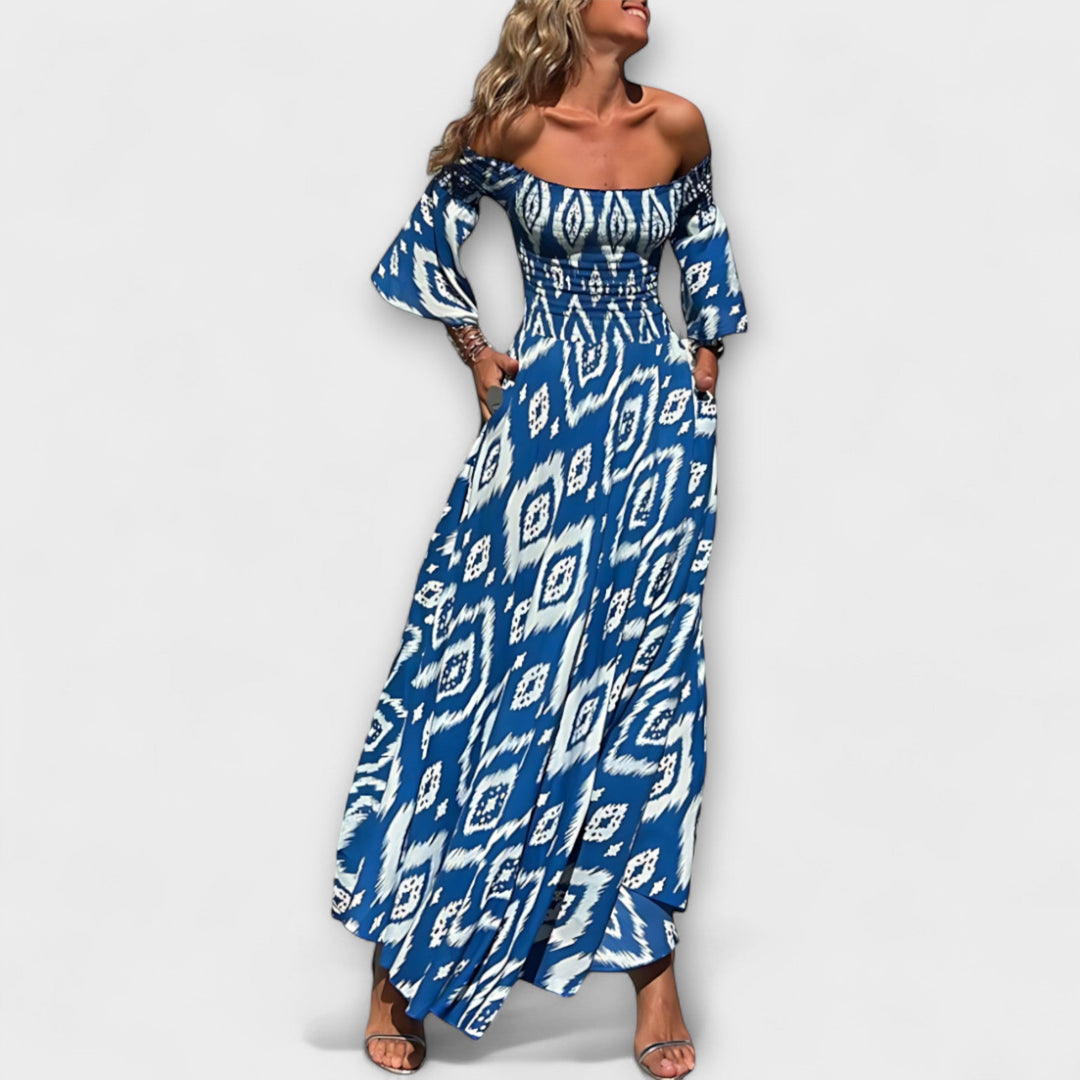 Bella - Obleka z odprtimi rameni in oceanskimi cvetlicami