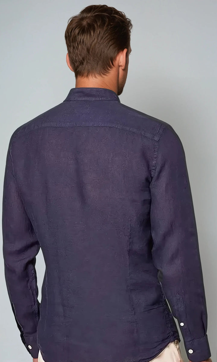 Linen srajca z band ovratnikom mornarsko modra