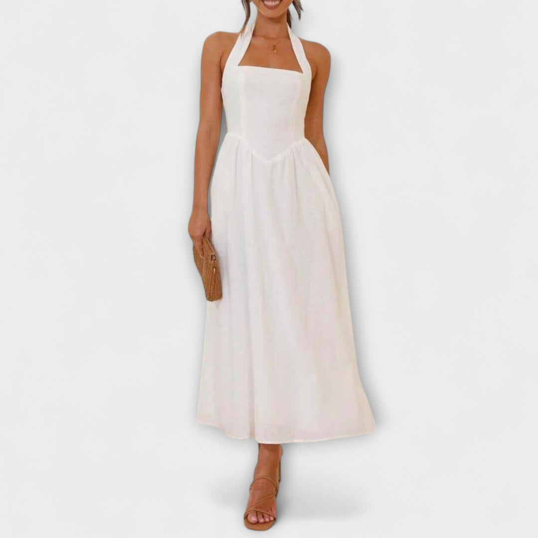 Lydia - Črne halter obleke srednje dolžine z detajlom v pasu