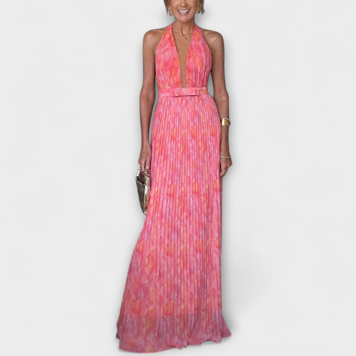 Seraphina - Elegantne Maxi Oblačilo s Halter Ovratnikom in V Izrezom
