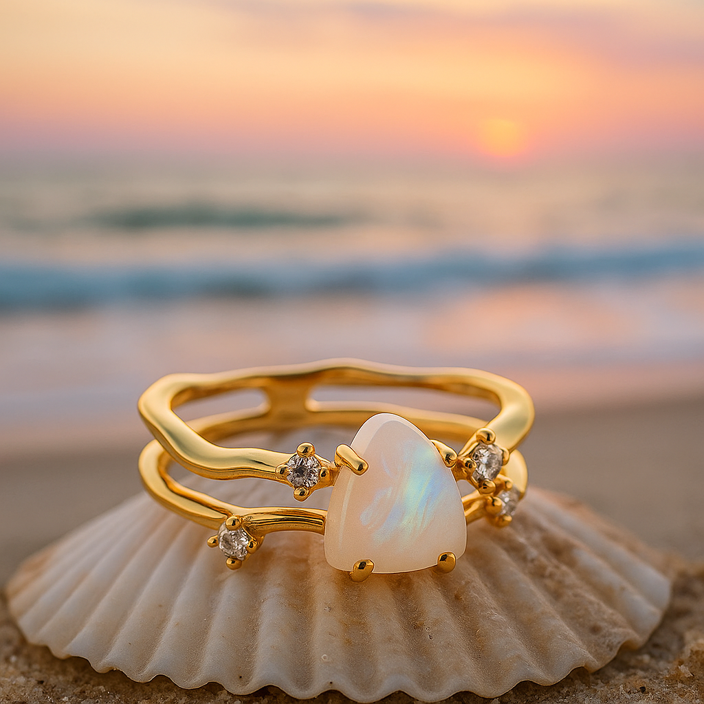 Azure | 925 Srebrn prstan z mesečnim kamnom in zlatimi akcenti