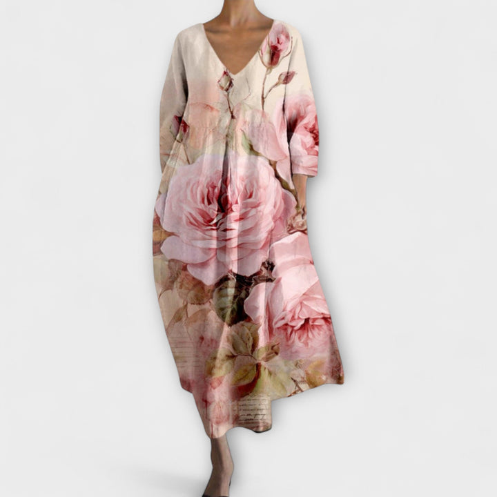 Fiona - Dolga, Barvita Obleka z V-izrezom