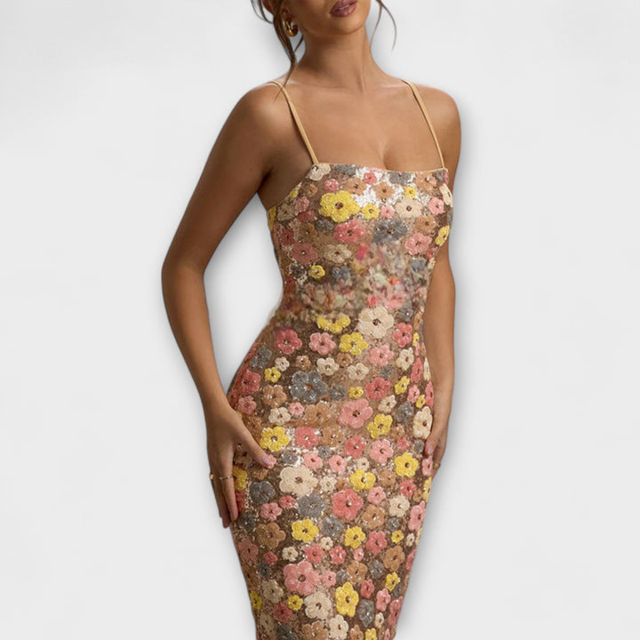 Oakley - Maxi Obleka s Cvetjem in Bleščicami v Slogu 80. Let