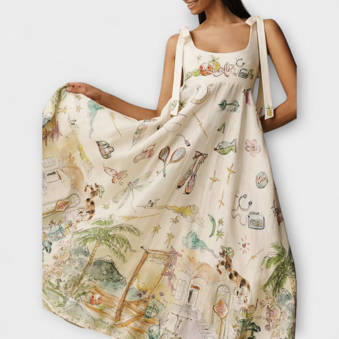 Juliette - Barvane midi obleke iz lanene tkanine z baletnim pasom