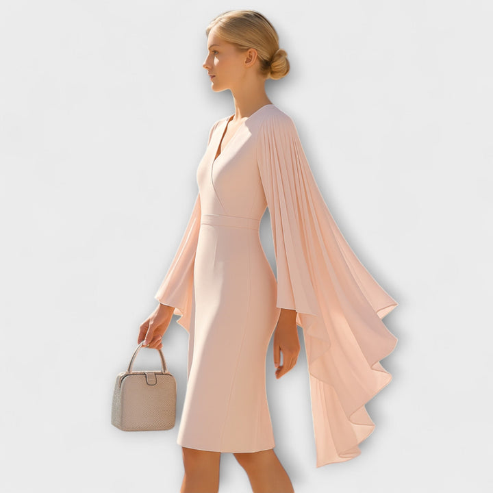 Rachel - Roza midi obleka z V-izrezom in šifonskimi rokavi