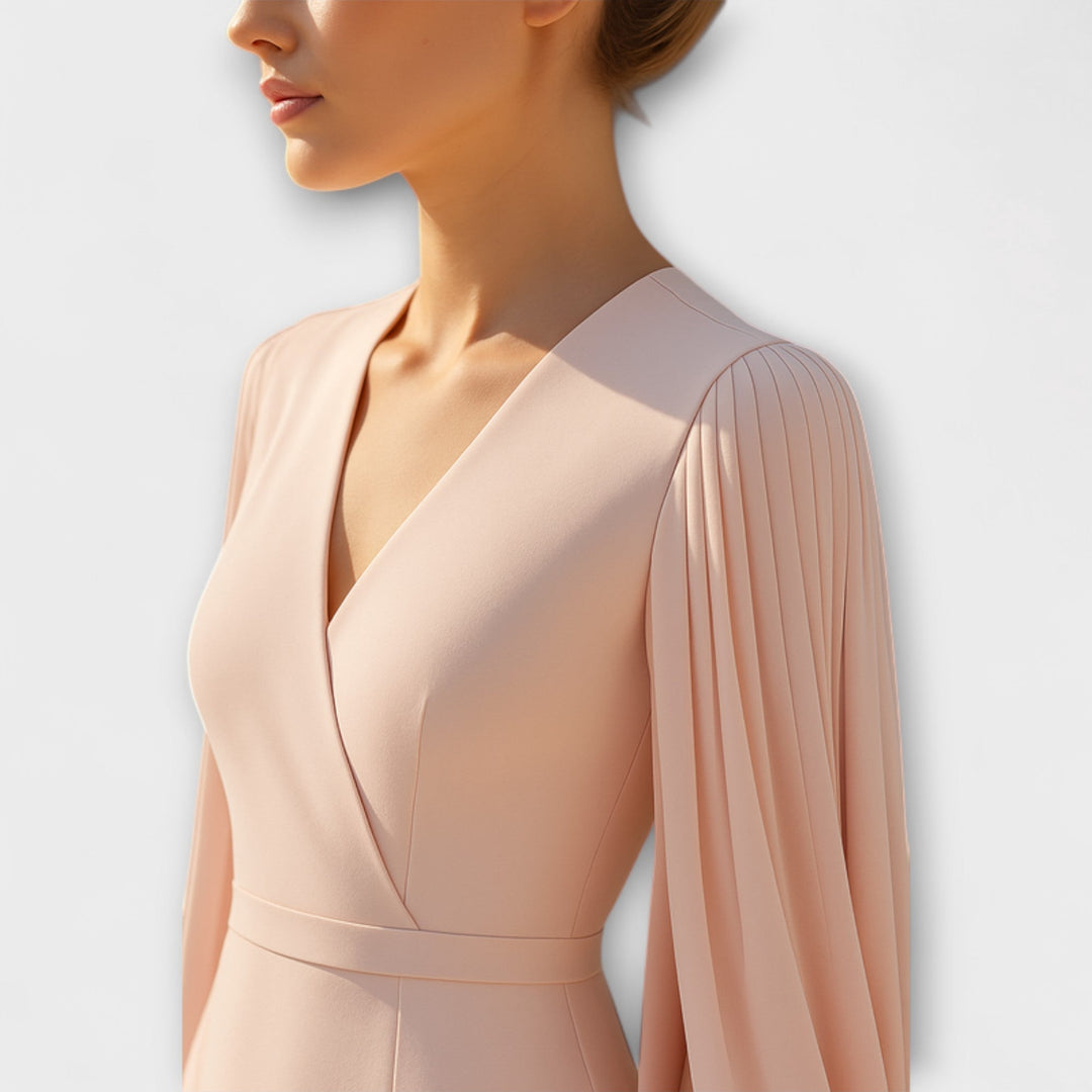 Rachel - Roza midi obleka z V-izrezom in šifonskimi rokavi