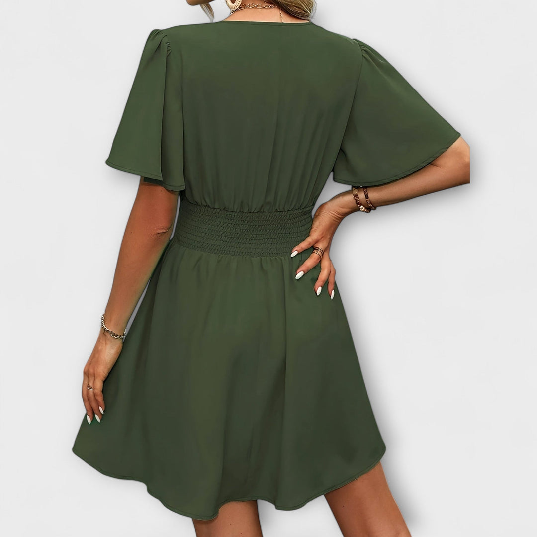 Winslet - Obleka z Nabrano Pasom in V-Izrezom