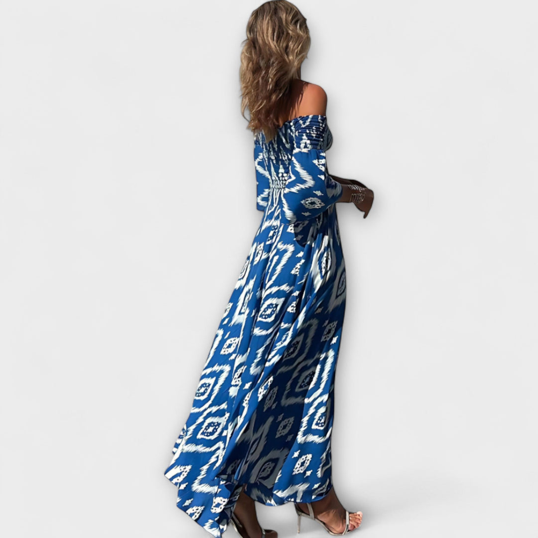 Bella - Obleka z odprtimi rameni in oceanskimi cvetlicami