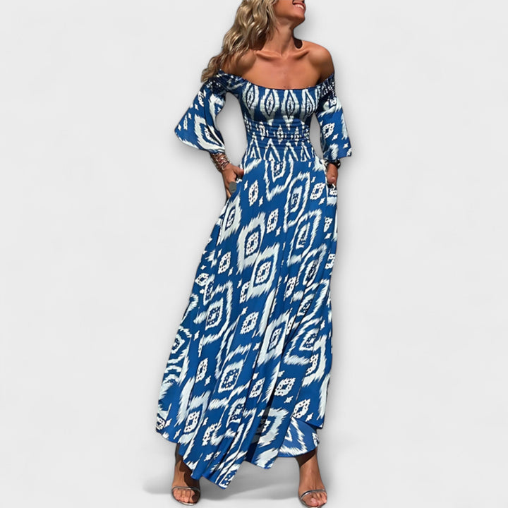 Bella - Obleka z odprtimi rameni in oceanskimi cvetlicami