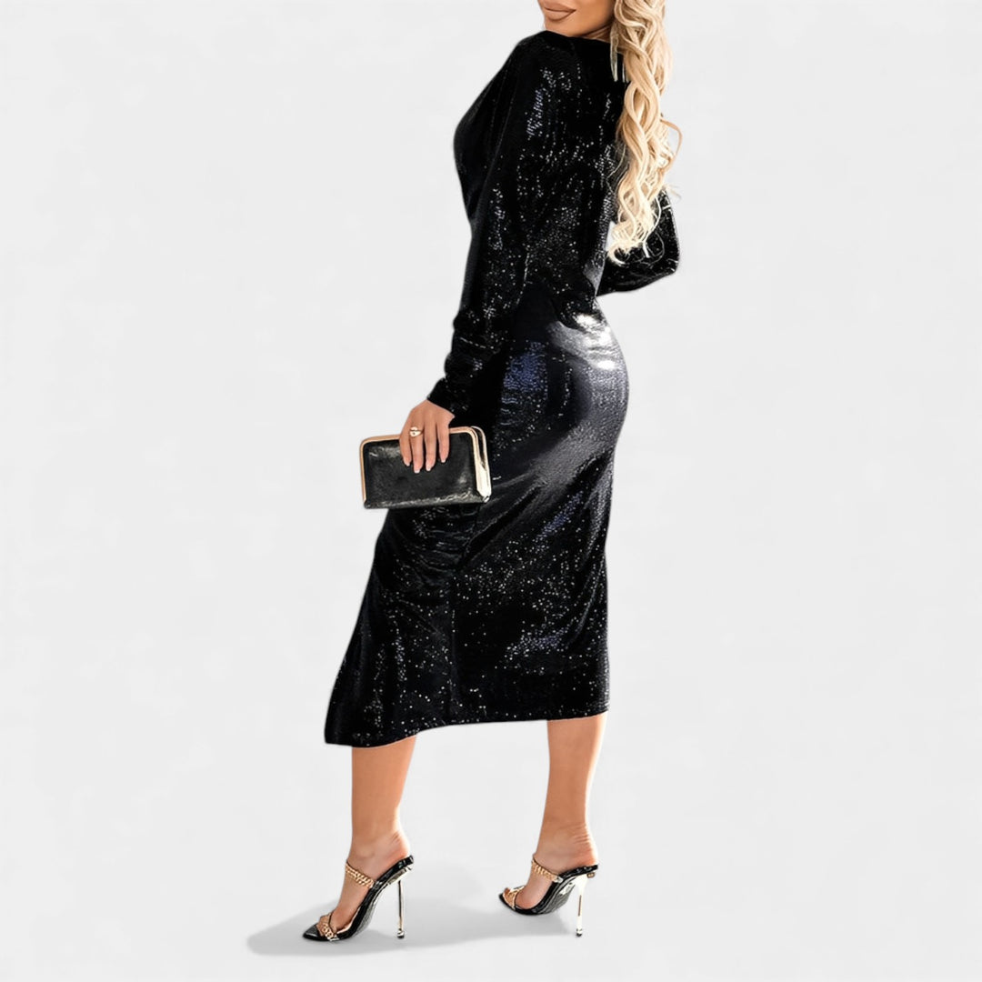 Maria – Elegantna večerna obleka z bleščicami in razporkom