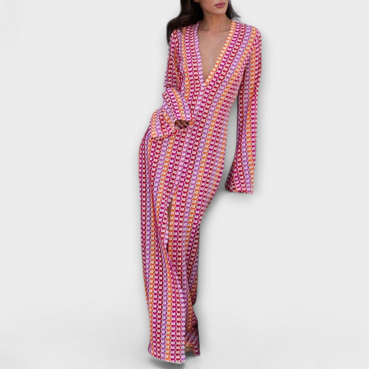 Elina – Maxi obleka z V-izrezom in počitniškim pridihom