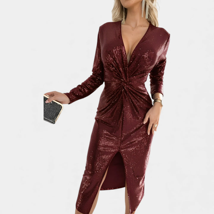 Maria – Elegantna večerna obleka z bleščicami in razporkom