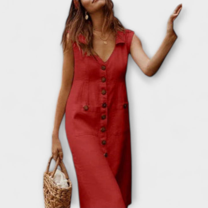 Nora – A-linijska obleka iz bombaža in lana z V-izrezom