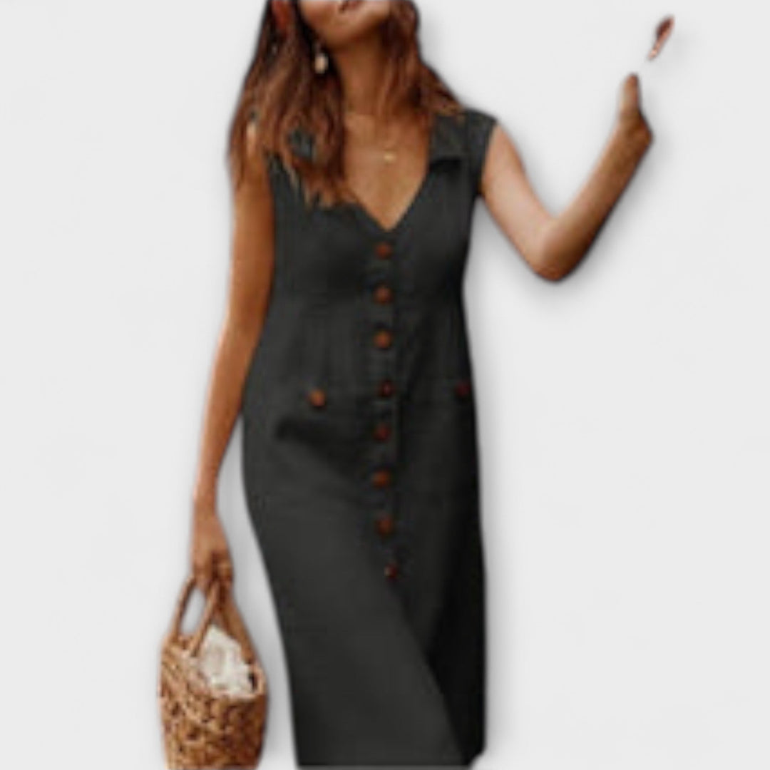 Nora – A-linijska obleka iz bombaža in lana z V-izrezom