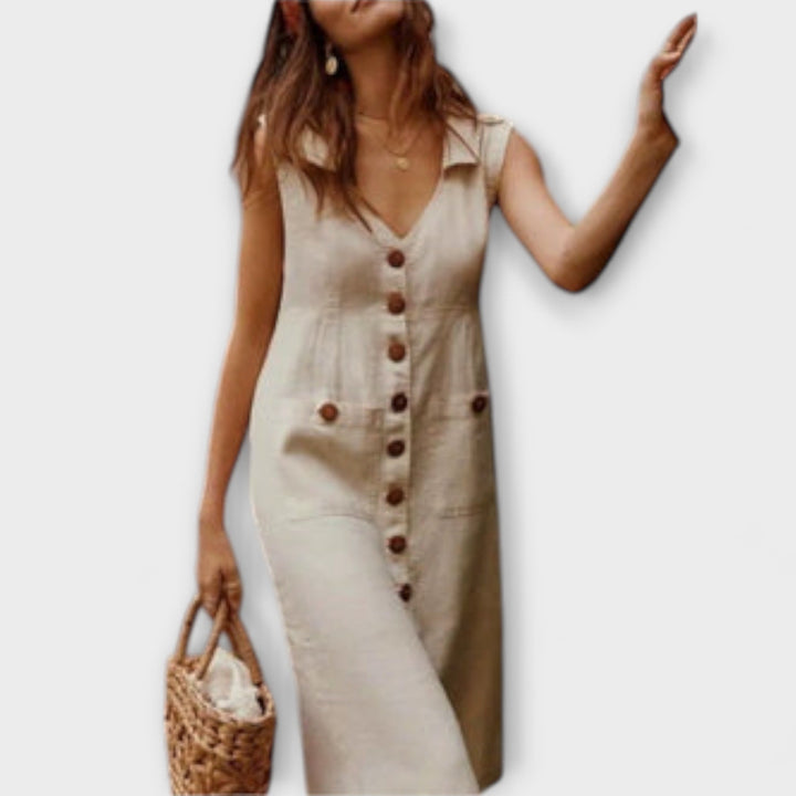 Nora – A-linijska obleka iz bombaža in lana z V-izrezom