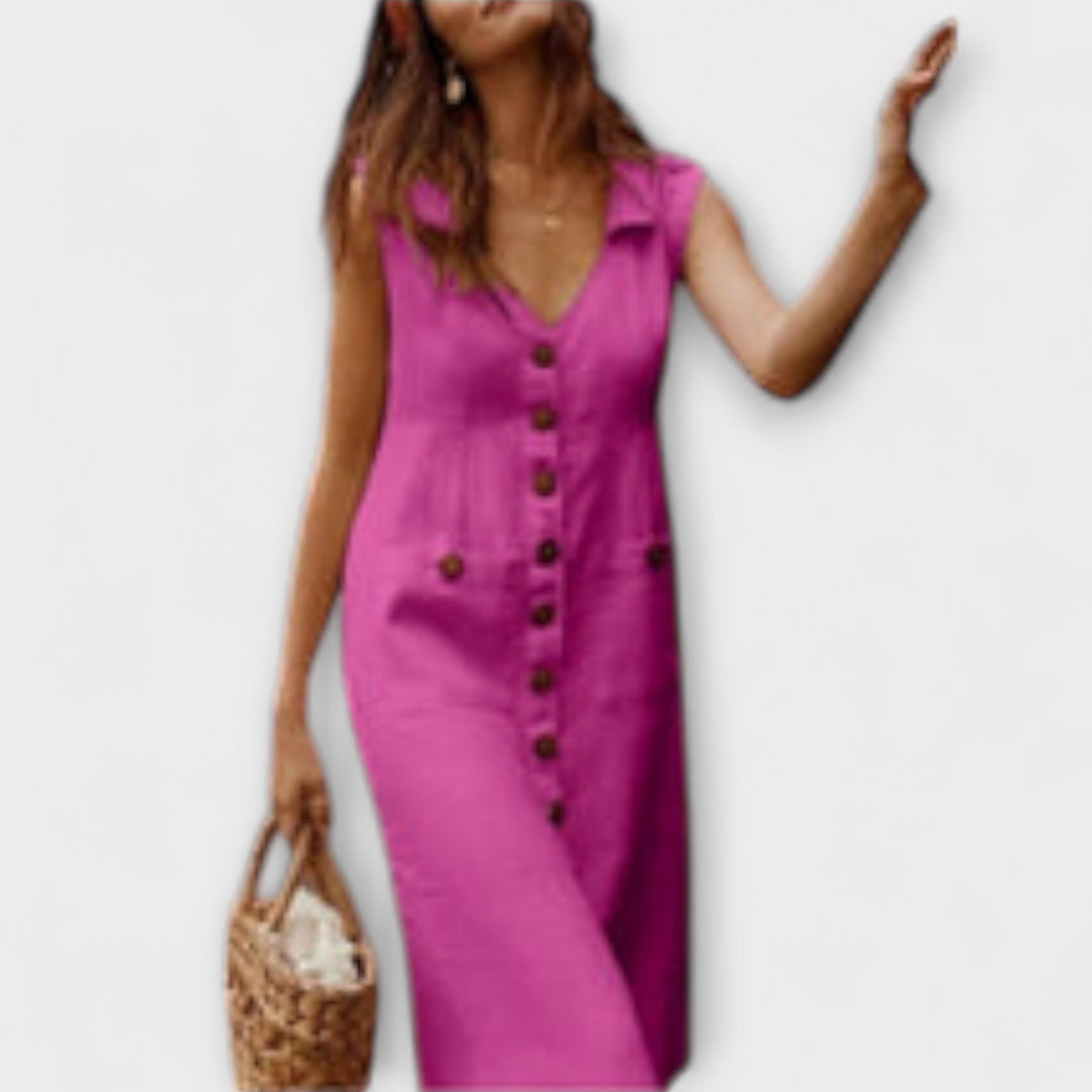 Nora – A-linijska obleka iz bombaža in lana z V-izrezom