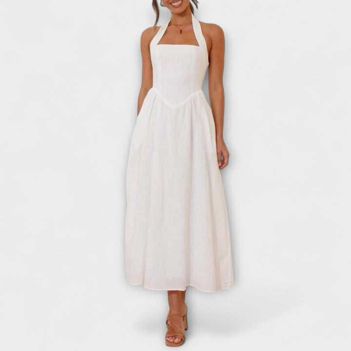 Lydia - Črne halter obleke srednje dolžine z detajlom v pasu